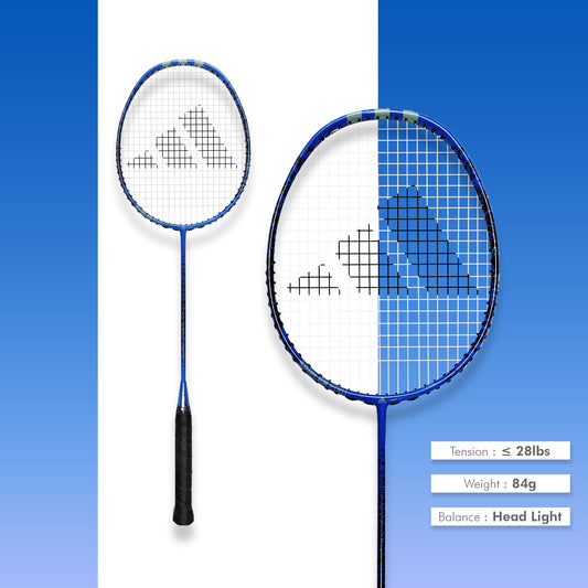 Buy Adidas Spieler E08.1 badminton racket, 4U G5, head heavy balance, SMART carbon frame, forged carbon shaft, 28 lbs string tension, medium flex, badminton racket for beginners and intermediate players, Adidas E08.1 online, professional badminton racket, Adidas badminton equipment, best Adidas racket
