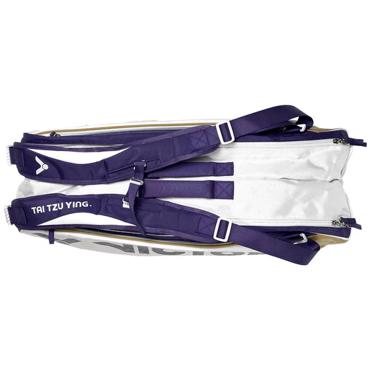 Tai Tzu Ying collection bag, Victor TTY‑AJ kitbag, limited edition badminton bag, purple & white kit bag, adjustable double shoulder straps, heat‑insulated compartment, racket & shoe storage, stylish influencer bag, accessory pouch, travel friendly gear kit, club tournament bag, premium branding, fashion badminton bag, role model inspired gear