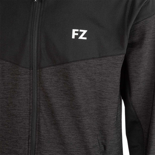 men’s black badminton jacket, FZ Forza Bradford jacket for men, shop men’s sports jacket black, breathable men’s badminton jacket, anti-shrink black jacket, Dry forze men’s court jacket, athletic fit black jacket, men’s polyester badminton jacket