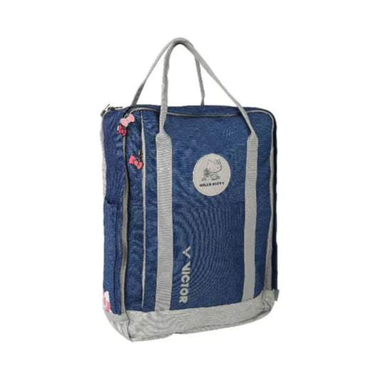 Victor X Hello Kitty backpack, nautical blue backpack, badminton backpack, racket compartment, water bottle pocket, accessory pouch, polyester backpack, multifunctional sports bag, lightweight backpack, youth sports bag, ergonomic design, durable sports backpack, compact badminton bag, kids sports bag, trendy badminton backpack