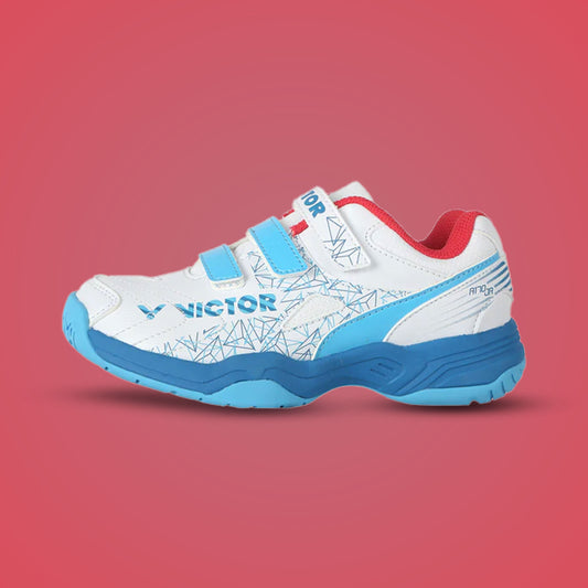 Victor junior sneakers, A170JR AB model, breathable sports shoes for kids, badminton youth shoes, cushioned EVA sole, mesh upper design, PU synthetic leather shoes, indoor court sneakers, lace-up kids footwear, lightweight junior shoes, kids training shoes, ankle support badminton shoes, Victor junior collection, durable court shoes, athletic kids shoes