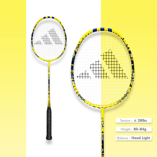 Shop Adidas Spieler E08.1 Schock strung badminton racket, 4U G5, head light balance, forged carbon shaft, SMART carbon frame, beginner Adidas racket, durable badminton racket, 28 lbs string tension, Adidas racket online, professional badminton racket, Adidas badminton equipment, best Adidas racket