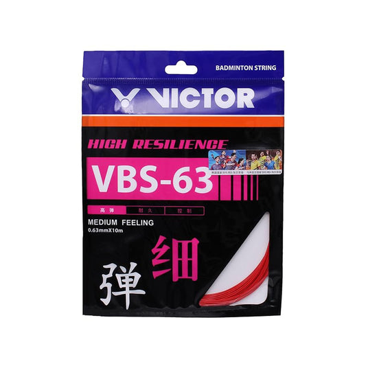high resilience string, Victor VBSโ63, 0.63mm nylon string, responsive racket string, control & durability string, made in Japan string, repulsion string string, medium feel string, string for advanced players, durable badminton string, lightweight string material, fatigue resistant string, premium string supply, tournament grade string, professional string type