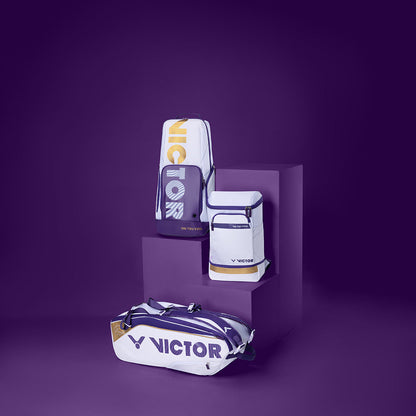 BR 3825 TTY AJ backpack, badminton sports bag, racket storage backpack, shoe compartment, double shoulder straps, water bottle pockets, accessory pouches, polyester PU material, bright white and purple, durable sports backpack, ergonomic design, tournament bag, multi-compartment bag, breathable back panel, sports gear bag