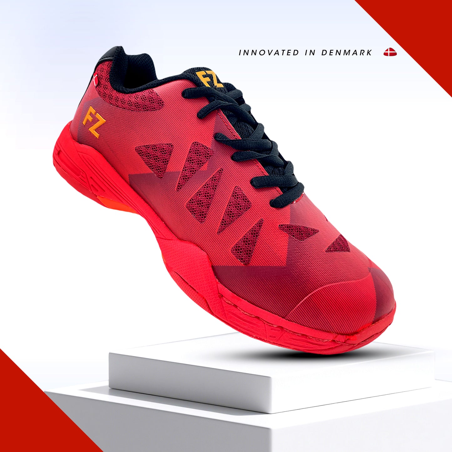 FZ Forza Tarami red shoes, red badminton shoes, performance court footwear, narrow fit badminton shoes, rubber sole shoes, lace-up sports shoes, lightweight red athletic footwear