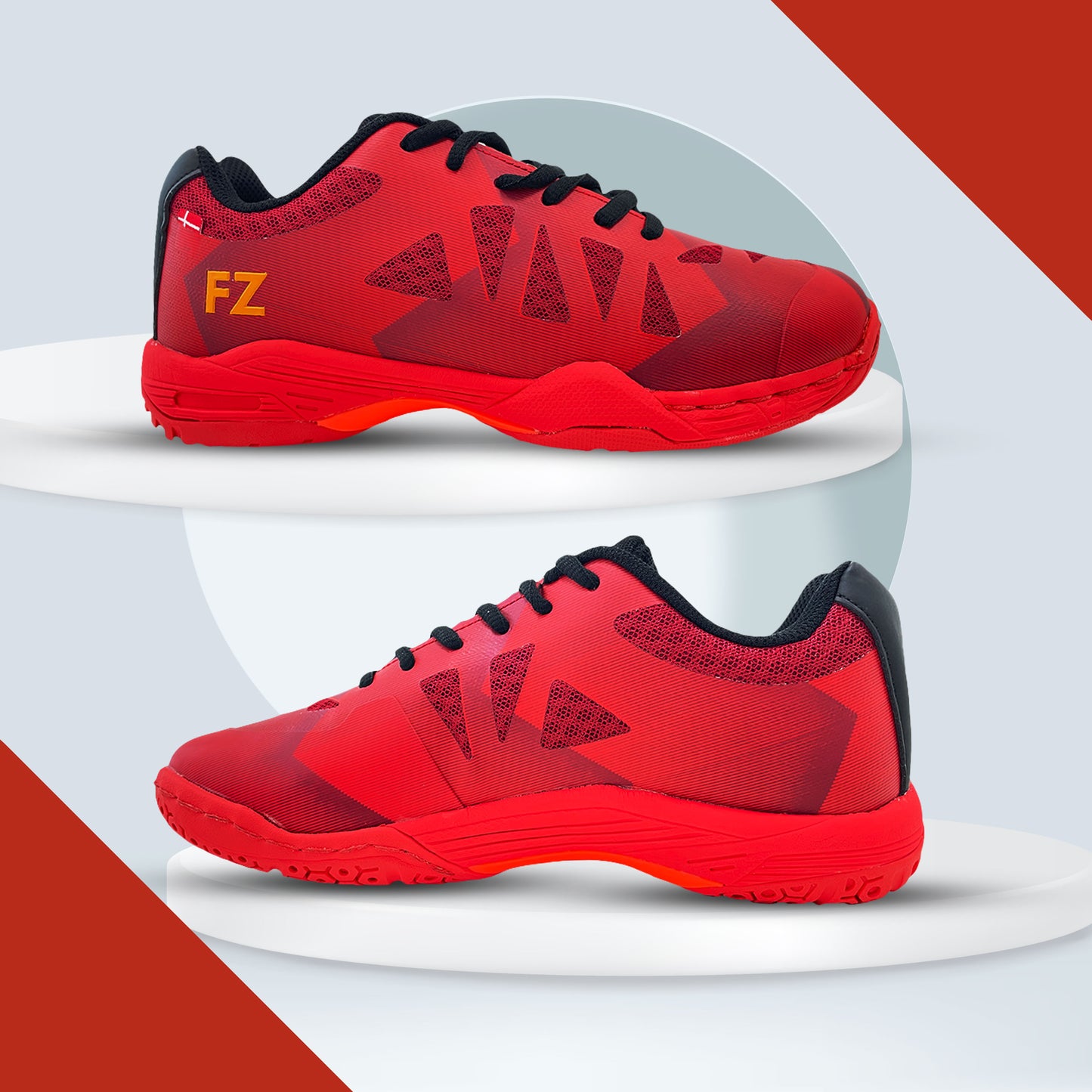 FZ Forza Tarami red shoes, red badminton shoes, performance court footwear, narrow fit badminton shoes, rubber sole shoes, lace-up sports shoes, lightweight red athletic footwear