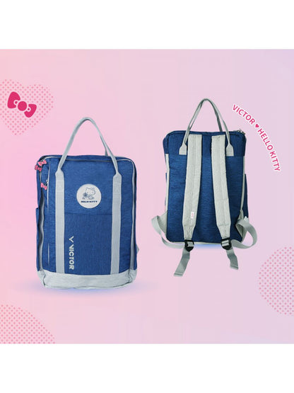 Victor X Hello Kitty backpack, nautical blue backpack, badminton backpack, racket compartment, water bottle pocket, accessory pouch, polyester backpack, multifunctional sports bag, lightweight backpack, youth sports bag, ergonomic design, durable sports backpack, compact badminton bag, kids sports bag, trendy badminton backpack