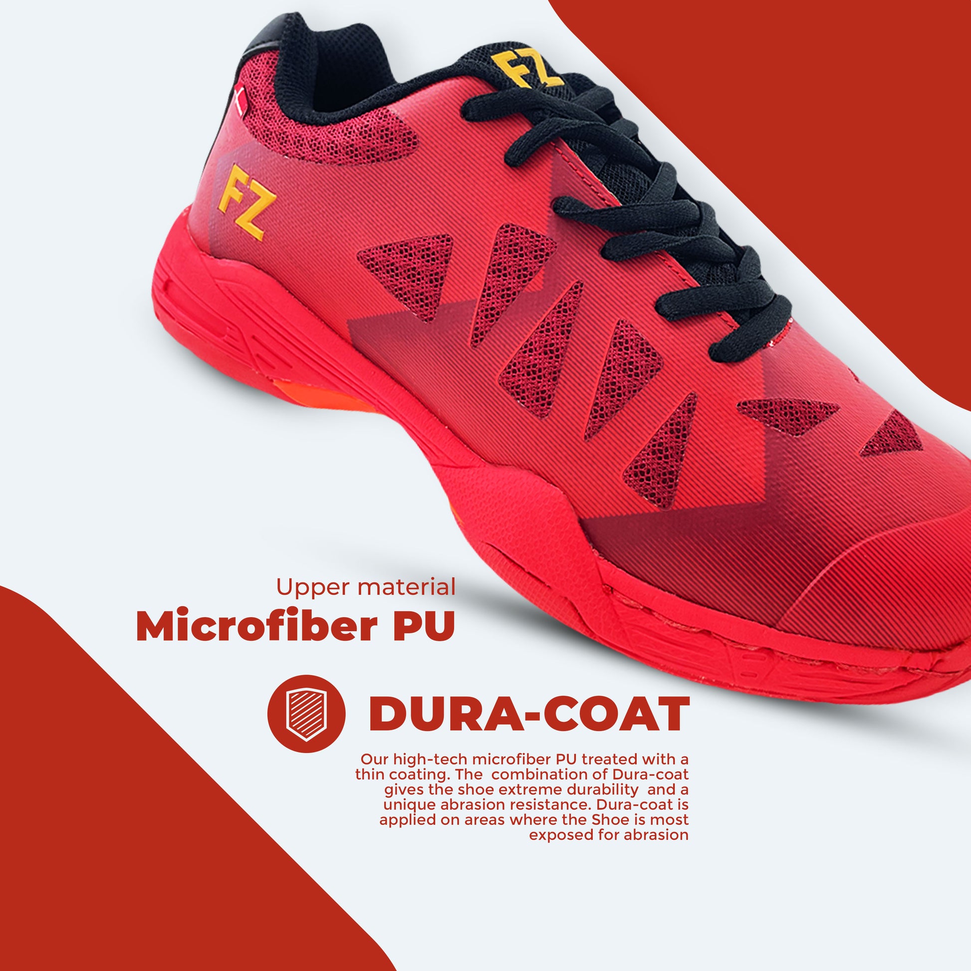 FZ Forza Tarami red shoes, red badminton shoes, performance court footwear, narrow fit badminton shoes, rubber sole shoes, lace-up sports shoes, lightweight red athletic footwear