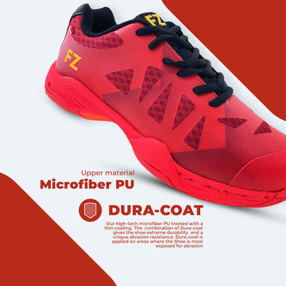 FZ Forza Tarami red shoes, red badminton shoes, performance court footwear, narrow fit badminton shoes, rubber sole shoes, lace-up sports shoes, lightweight red athletic footwear