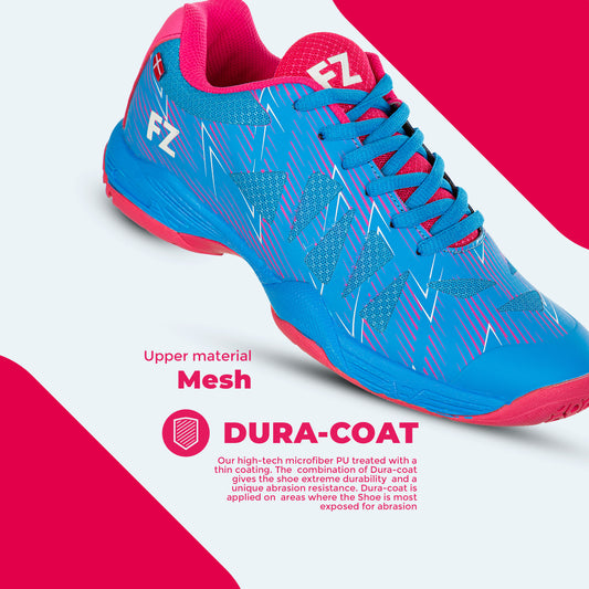 FZ Forza Taila shoes, blue badminton shoes, Drylex badminton footwear, F-Zone grip shoes, ASE support shoes, lace-up court shoes, breathable badminton footwear, lightweight sports shoes, Dura Coat badminton shoes, performance athletic shoes