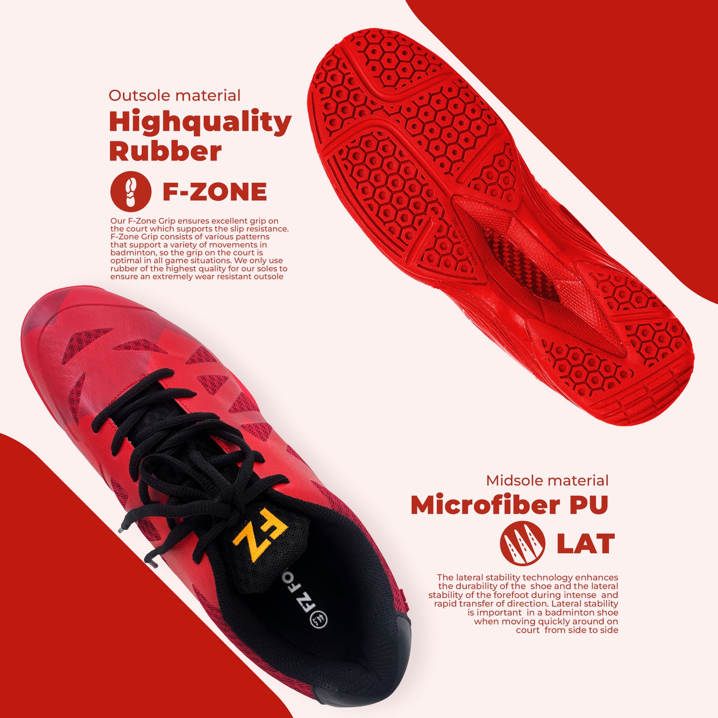 FZ Forza Tarami red shoes, red badminton shoes, performance court footwear, narrow fit badminton shoes, rubber sole shoes, lace-up sports shoes, lightweight red athletic footwear