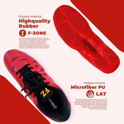 FZ Forza Tarami red shoes, red badminton shoes, performance court footwear, narrow fit badminton shoes, rubber sole shoes, lace-up sports shoes, lightweight red athletic footwear
