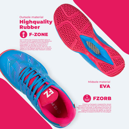 FZ Forza Taila shoes, blue badminton shoes, Drylex badminton footwear, F-Zone grip shoes, ASE support shoes, lace-up court shoes, breathable badminton footwear, lightweight sports shoes, Dura Coat badminton shoes, performance athletic shoes