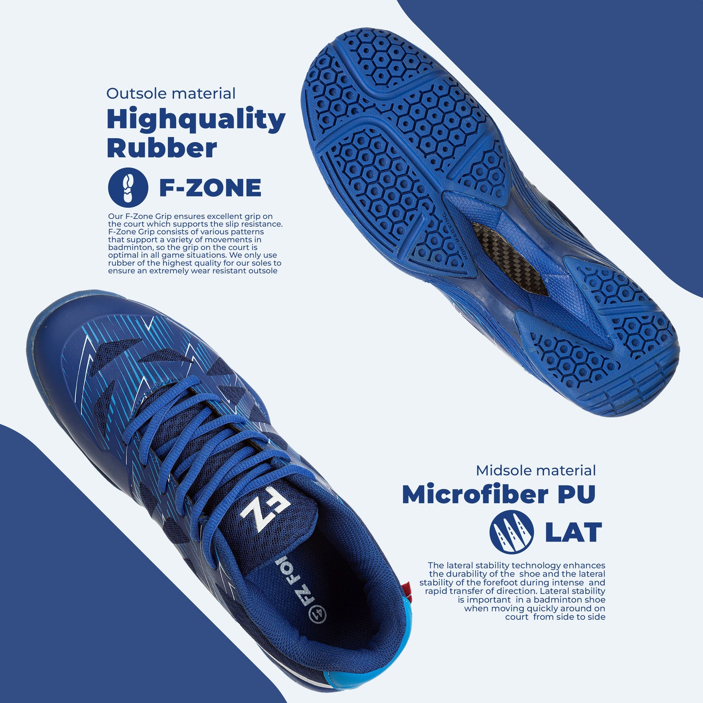FZ Forza Tarami blue shoes, Drylex blue court shoes, ASE support shoes, F-Zone grip shoes, Tuck Board badminton shoes, medium fit court footwear, blue athletic shoes, performance sports sneakers