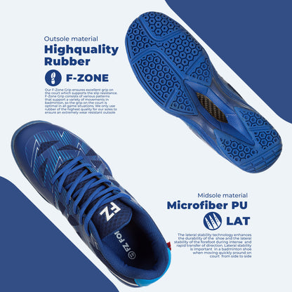 FZ Forza Tarami blue shoes, Drylex blue court shoes, ASE support shoes, F-Zone grip shoes, Tuck Board badminton shoes, medium fit court footwear, blue athletic shoes, performance sports sneakers