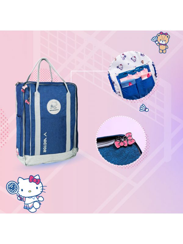 Victor X Hello Kitty backpack, nautical blue backpack, badminton backpack, racket compartment, water bottle pocket, accessory pouch, polyester backpack, multifunctional sports bag, lightweight backpack, youth sports bag, ergonomic design, durable sports backpack, compact badminton bag, kids sports bag, trendy badminton backpack