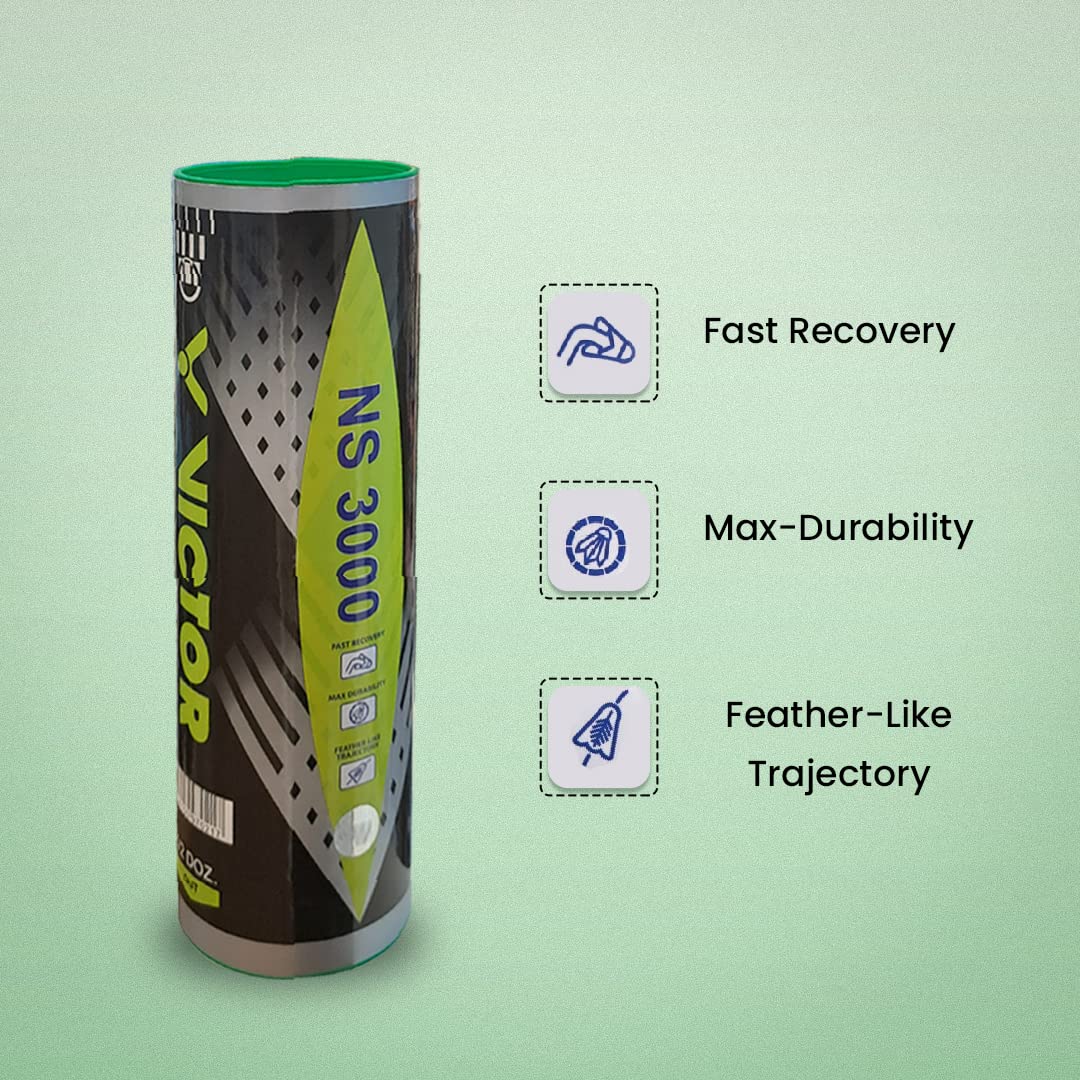 nylon shuttlecock, Victor NS3000, full cork head, slow speed shuttle, indoor training shuttle, durable shuttlecock, pack of 6 shuttles, stable flight shuttlecock, slow speed (75), badminton shuttle, synthetical skirt, yellow nylon shuttlecock, white nylon shuttlecock, practice shuttlecock, affordable badminton gear
