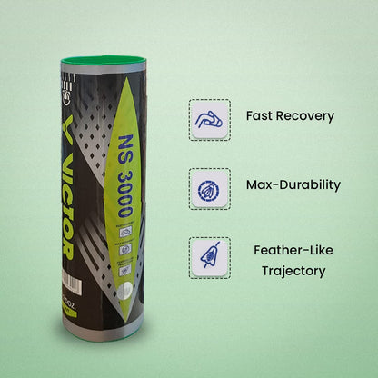 nylon shuttlecock, Victor NS3000, full cork head, slow speed shuttle, indoor training shuttle, durable shuttlecock, pack of 6 shuttles, stable flight shuttlecock, slow speed (75), badminton shuttle, synthetical skirt, yellow nylon shuttlecock, white nylon shuttlecock, practice shuttlecock, affordable badminton gear