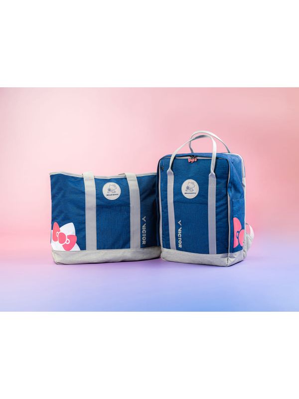 Victor X Hello Kitty backpack, nautical blue backpack, badminton backpack, racket compartment, water bottle pocket, accessory pouch, polyester backpack, multifunctional sports bag, lightweight backpack, youth sports bag, ergonomic design, durable sports backpack, compact badminton bag, kids sports bag, trendy badminton backpack
