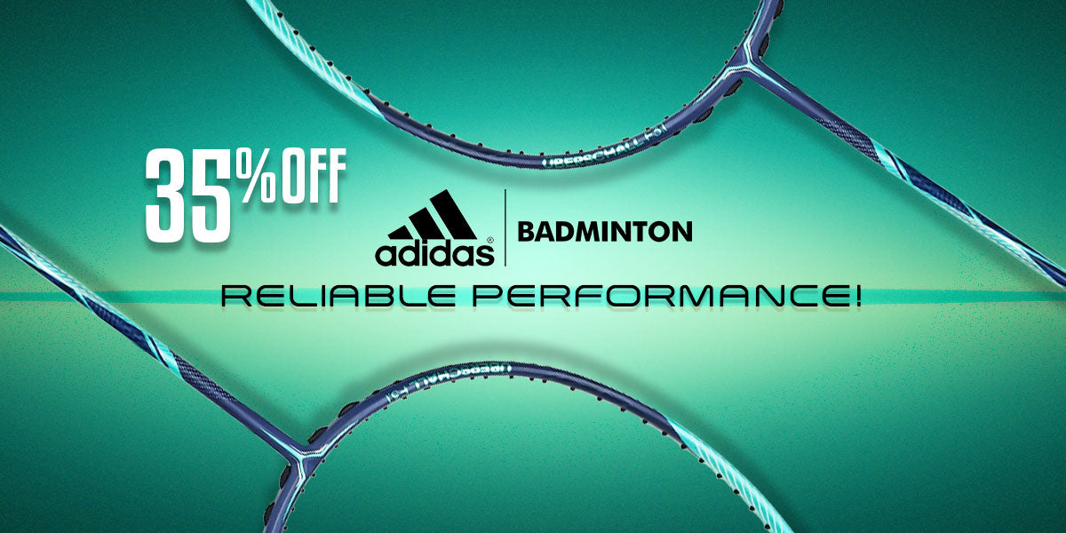 Adidas badminton collection - badminton racket with promotional text on a green background