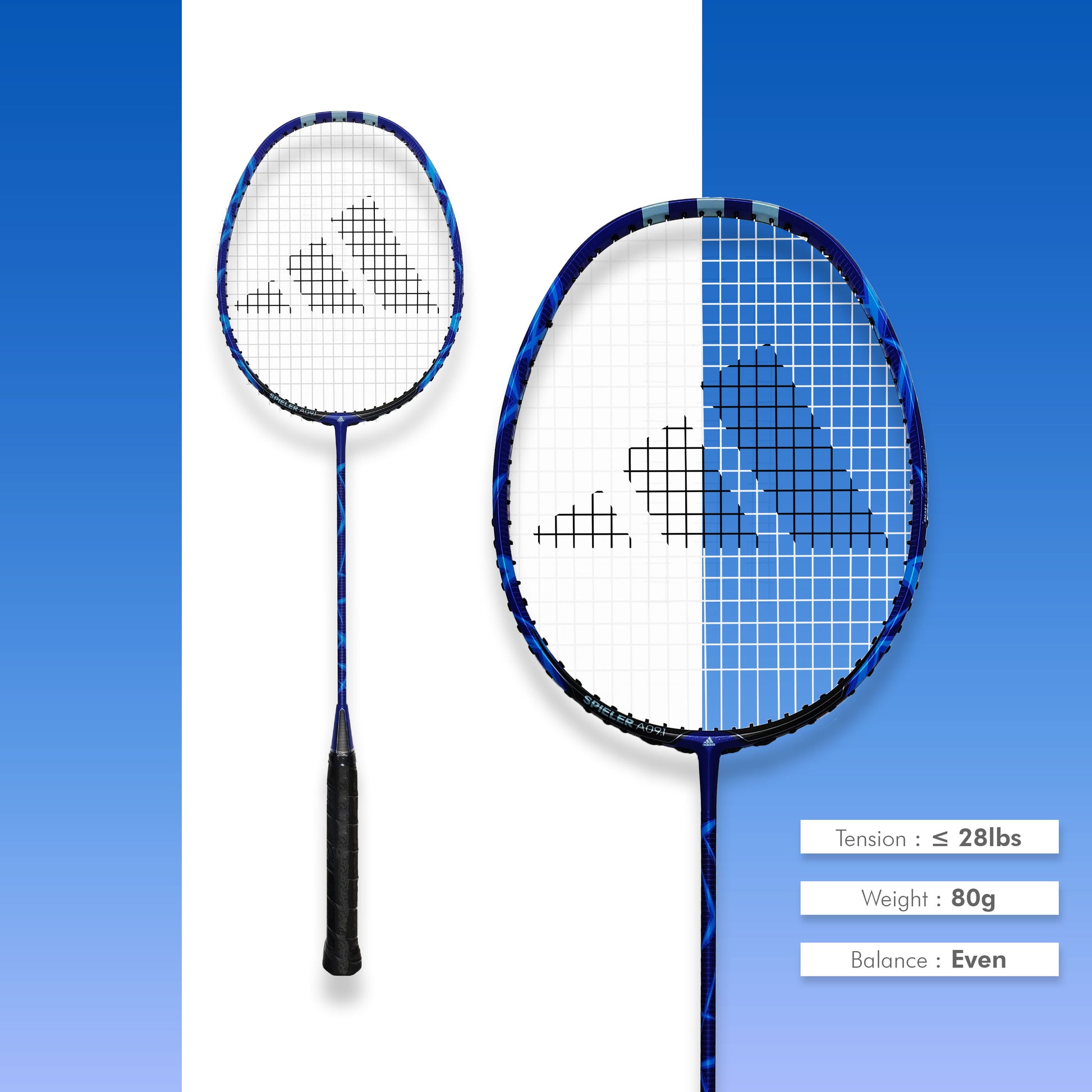 Buy Adidas Spieler A09.1 badminton racket, 4U G5, even balance, Toray 24T frame, Toray 24T shaft, 28 lbs string tension, durable badminton racket, beginner-friendly Adidas racket, badminton gear India, Adidas A09.1 online, professional badminton racket, Adidas badminton equipment, best Adidas racket