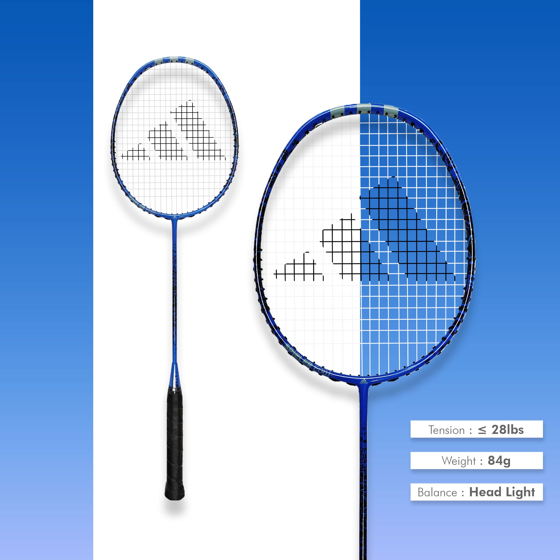 Buy Adidas Spieler E08.1 badminton racket, 4U G5, head heavy balance, SMART carbon frame, forged carbon shaft, 28 lbs string tension, medium flex, badminton racket for beginners and intermediate players, Adidas E08.1 online, professional badminton racket, Adidas badminton equipment, best Adidas racket