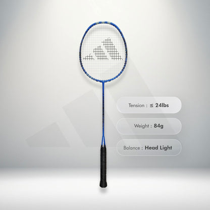 Buy Adidas Spieler E08.1 badminton racket, 4U G5, head heavy balance, SMART carbon frame, forged carbon shaft, 28 lbs string tension, medium flex, badminton racket for beginners and intermediate players, Adidas E08.1 online, professional badminton racket, Adidas badminton equipment, best Adidas racket