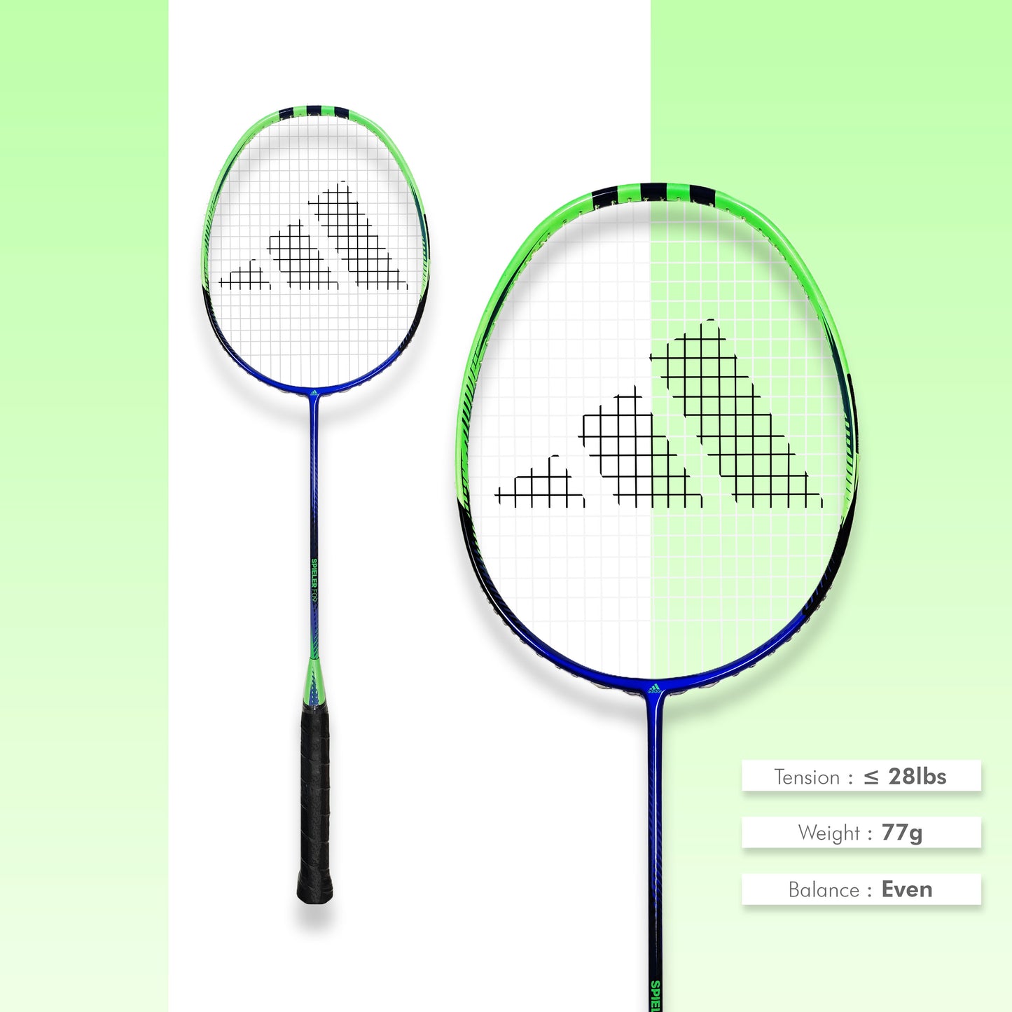 Shop Adidas Spieler F09 strung badminton racket, 5U G5, SMART carbon frame, medium shaft, 28 lbs string tension, durable racket, lightweight badminton racket India, Adidas intermediate racket, Adidas F09 best price, professional badminton racket, Adidas badminton equipment, best Adidas racket