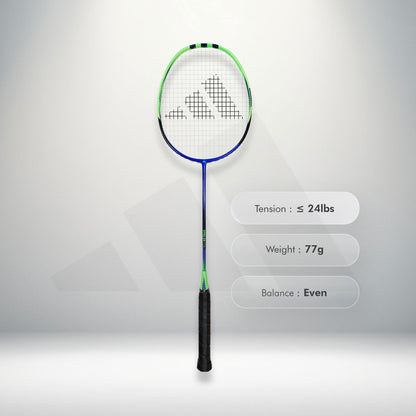 Shop Adidas Spieler F09 strung badminton racket, 5U G5, SMART carbon frame, medium shaft, 28 lbs string tension, durable racket, lightweight badminton racket India, Adidas intermediate racket, Adidas F09 best price, professional badminton racket, Adidas badminton equipment, best Adidas racket
