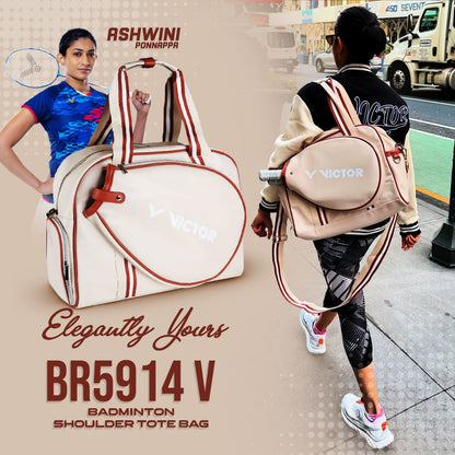 shoulder tote bag, Victor BR5914, lightweight tote, badminton essentials holder, polyester & PU leather, beige color, casual court‑bag alternative, everyday usage bag, gear & accessories tote, comfy strap carry, compact badminton bag, fashionable sports tote, easy‑carry shoulder bag, small yet functional, stylish accessory bag