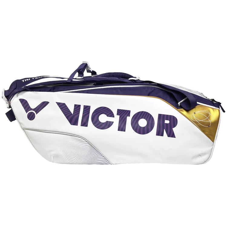 Tai Tzu Ying collection bag, Victor TTY‑AJ kitbag, limited edition badminton bag, purple & white kit bag, adjustable double shoulder straps, heat‑insulated compartment, racket & shoe storage, stylish influencer bag, accessory pouch, travel friendly gear kit, club tournament bag, premium branding, fashion badminton bag, role model inspired gear