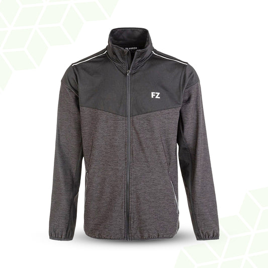 men’s black badminton jacket, FZ Forza Bradford jacket for men, shop men’s sports jacket black, breathable men’s badminton jacket, anti-shrink black jacket, Dry forze men’s court jacket, athletic fit black jacket, men’s polyester badminton jacket