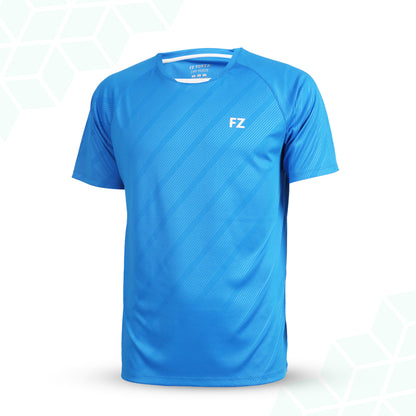 junior badminton t-shirt, red and blue sports shirt, Hector junior tee, stretchable badminton top, Dryforze courtwear for kids, moisture-wicking junior shirt, breathable kids t-shirt, FZ Forza junior apparel, polyester court shirt, lightweight kids wear, junior sports top, athletic training shirt, boys badminton tee, kids performance shirt, red FZ Forza tee