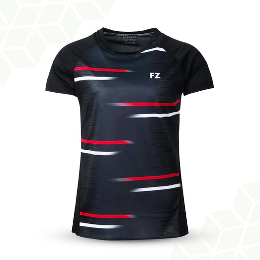 women’s black badminton t-shirt, FZ Forza black training t-shirt, Dryforze women’s t-shirt, anti-static badminton tee, stretch fit t-shirt for women, buy FZ Forza Mobil tee, breathable black t-shirt