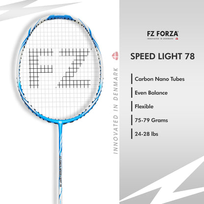 fz forza speed light 78, speed light 78 racket, beginner badminton racket, strung badminton racket, 5U G4 racket, lightweight racket for beginners, entry-level badminton gear, fast swing badminton racket, forza speed racket, blue badminton racket, easy handling racket, badminton racket for training, starter badminton racket, forza beginner racket, lightweight badminton gear, head-light balance racket, strung racket for new players, badminton racket india, indoor badminton racket, speed-focused racket