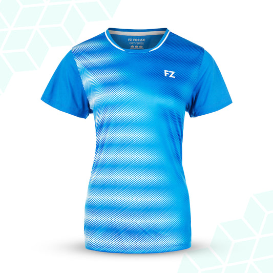 women’s badminton t-shirt, estate blue sportswear, Hulda Dryforze tee, FZ Forza ladies shirt, breathable badminton top, stretchable courtwear, anti-pilling women’s tee, moisture-wicking sports shirt, polyester athletic wear, comfortable badminton t-shirt, blue women’s court top, stylish FZ Forza tee, performance court shirt, estate blue ladies top, badminton sportswear