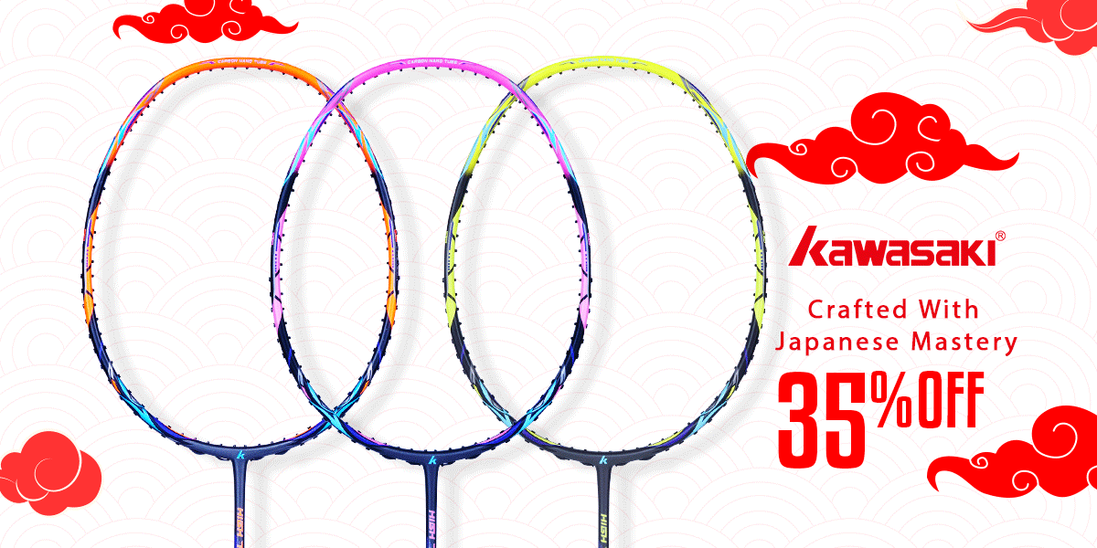 Kawasaki badminton gear collection - Three colorful badminton rackets with Kawasaki branding and a 35% off offer on a white background.