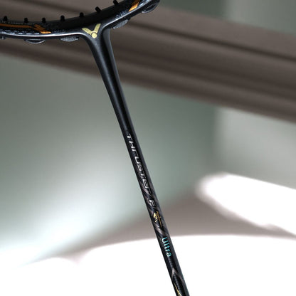 Victor THRUSTER K-F ULTRA, racket used by Mohammad Ahsan, stiff flex badminton racket, head heavy attacking racket, high resilience graphite frame, PYROFIL + metallic shaft, pro-level racket, Victor signature racket, 4U G5 weight, advanced smasher’s racket, precision engineered racket, top performance Victor gear, badminton for elite players, full cover included, black moonless night racket