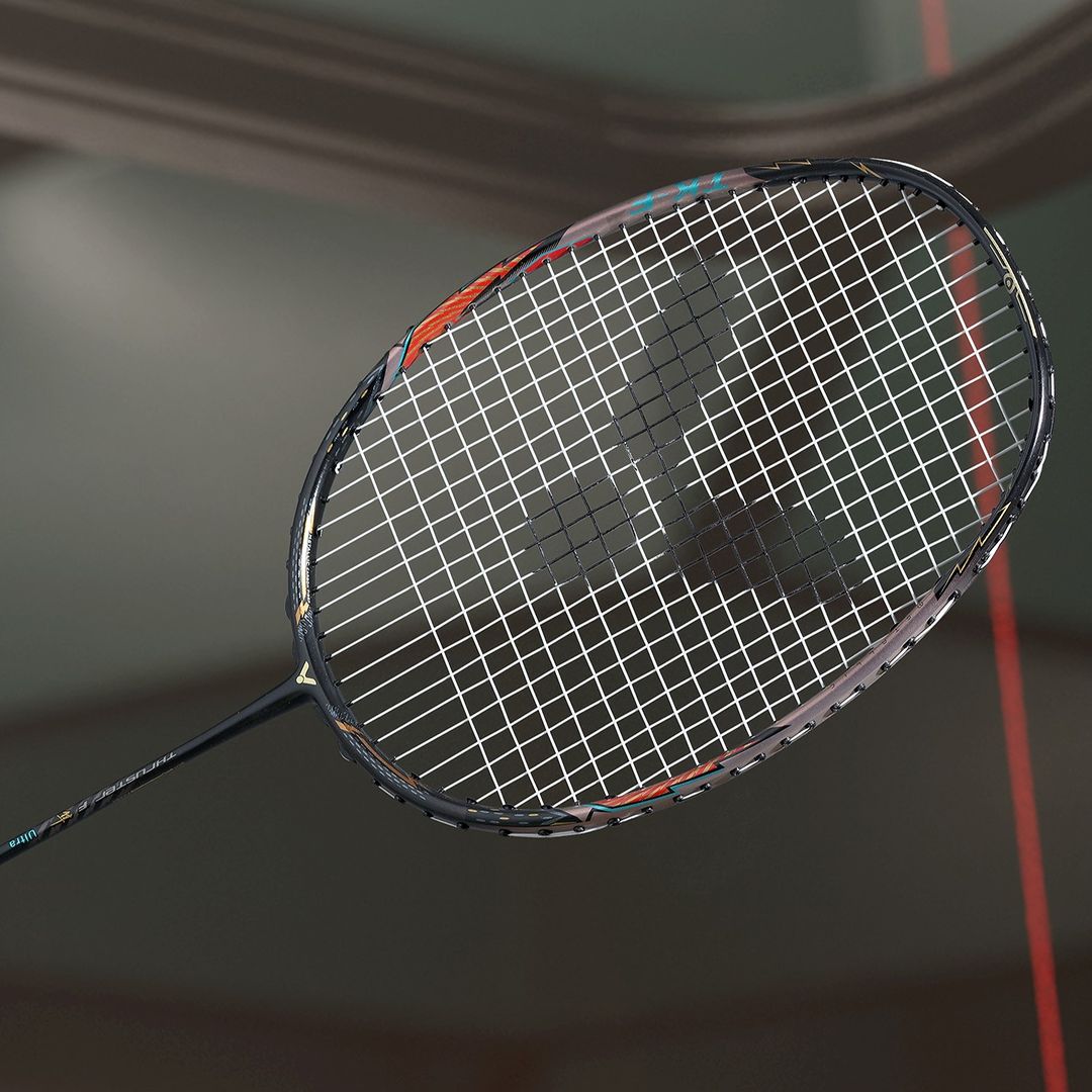 Victor THRUSTER K-F ULTRA, racket used by Mohammad Ahsan, stiff flex badminton racket, head heavy attacking racket, high resilience graphite frame, PYROFIL + metallic shaft, pro-level racket, Victor signature racket, 4U G5 weight, advanced smasher’s racket, precision engineered racket, top performance Victor gear, badminton for elite players, full cover included, black moonless night racket
