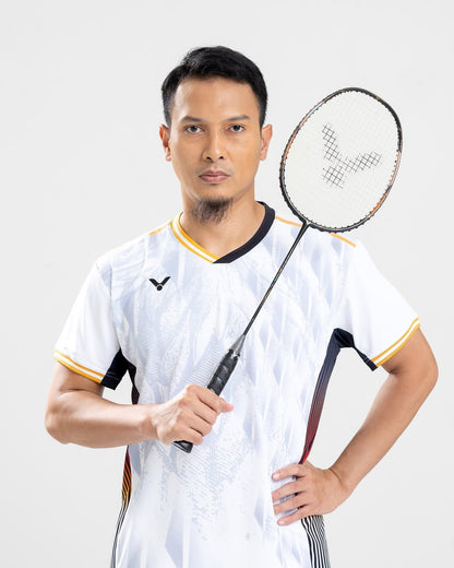 Victor THRUSTER K-F ULTRA, racket used by Mohammad Ahsan, stiff flex badminton racket, head heavy attacking racket, high resilience graphite frame, PYROFIL + metallic shaft, pro-level racket, Victor signature racket, 4U G5 weight, advanced smasher’s racket, precision engineered racket, top performance Victor gear, badminton for elite players, full cover included, black moonless night racket