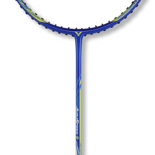 Victor Aura Speed 9 Blue, blue edition badminton racket, lightweight Victor racket, AuraSpeed series racket, graphite + resin build, responsive shaft badminton racket, badminton for speed control, strung 4U G5 Victor, badminton racket with 6.8 shaft, stylish badminton gear, Victor racket for power shots, club level badminton racket, high swing speed racket, durable play racket, Victor racket blue design