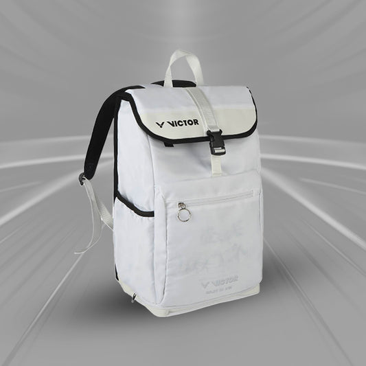 badminton backpack, Victor BR5014 L, laptop compartment bag, racket & shoe backpack, lunar white backpack, multi‑compartment sports bag, durable PU + polyester, travel badminton bag, accessory front pouch, ergonomic shoulder straps, court gear backpack, premium badminton bag, lightweight sports backpack, protection for shoes & rackets, stylish travel bag
