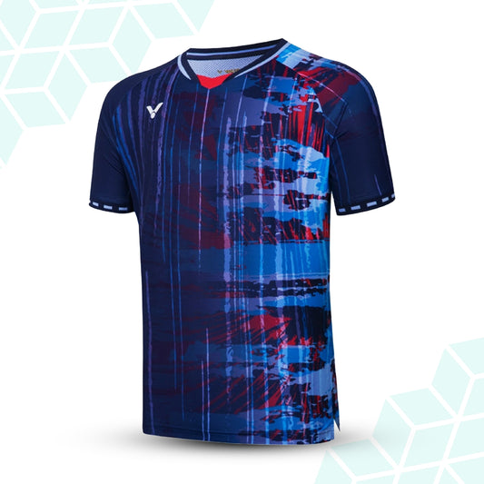 unisex badminton t-shirt, eco-friendly badminton apparel, recycled polyester t-shirt, spandex blend sports shirt, dark blue and green t-shirt, breathable badminton clothing, victor unisex sportswear, moisture-wicking badminton tee, professional badminton shirt, sustainable activewear, performance t-shirt for badminton, lightweight sports t-shirt, quick-dry badminton clothing, eco performance wear, victor badminton top