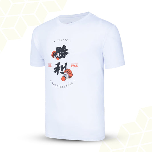 white and black badminton shirt, unisex victor sports shirt, perfect dry technology t-shirt, breathable polyester shirt, training t-shirt for men and women, moisture-wicking sportswear, victor unisex courtwear, comfortable racket sports t-shirt, lightweight performance wear, dry fit badminton shirt, sports tee for practice, stylish unisex badminton top, flexible training apparel, white victor shirt, activewear for all players