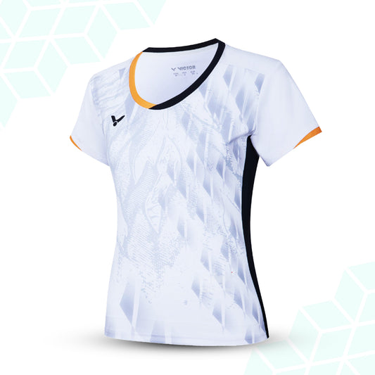 women’s badminton t-shirt, slim fit sports shirt, azure blue badminton tee, black and white sportswear, perfect dry women’s t-shirt, breathable polyester clothing, ergonomic badminton shirt, stylish women’s courtwear, quick-dry ladies sports t-shirt, high-performance activewear, female athlete clothing, racket sports apparel for women, moisture-wicking shirt, fashion-forward badminton shirt, victor women’s sports top