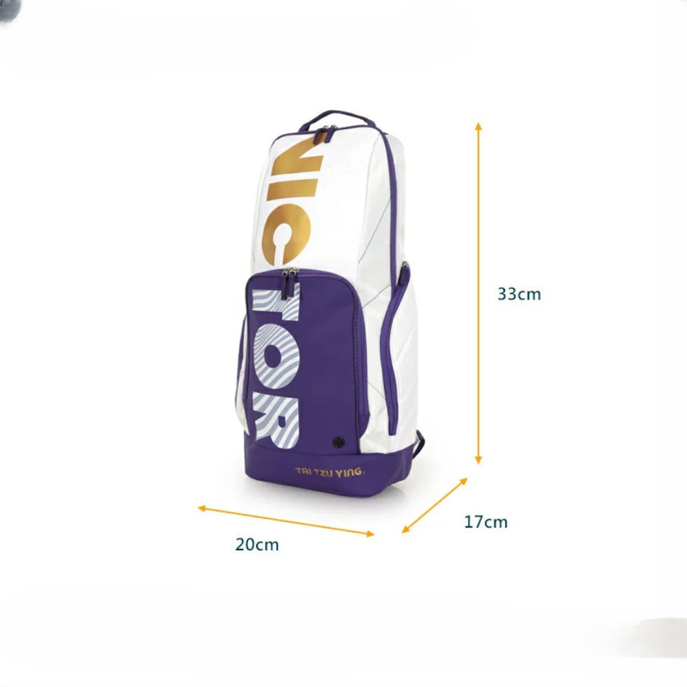 BR 3825 TTY AJ backpack, badminton sports bag, racket storage backpack, shoe compartment, double shoulder straps, water bottle pockets, accessory pouches, polyester PU material, bright white and purple, durable sports backpack, ergonomic design, tournament bag, multi-compartment bag, breathable back panel, sports gear bag