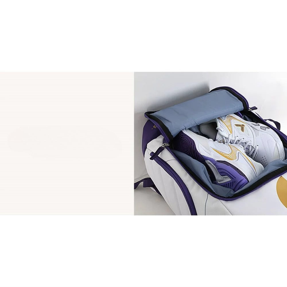 BR 3825 TTY AJ backpack, badminton sports bag, racket storage backpack, shoe compartment, double shoulder straps, water bottle pockets, accessory pouches, polyester PU material, bright white and purple, durable sports backpack, ergonomic design, tournament bag, multi-compartment bag, breathable back panel, sports gear bag