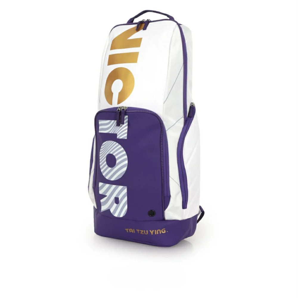 BR 3825 TTY AJ backpack, badminton sports bag, racket storage backpack, shoe compartment, double shoulder straps, water bottle pockets, accessory pouches, polyester PU material, bright white and purple, durable sports backpack, ergonomic design, tournament bag, multi-compartment bag, breathable back panel, sports gear bag
