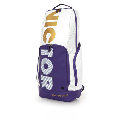 BR 3825 TTY AJ backpack, badminton sports bag, racket storage backpack, shoe compartment, double shoulder straps, water bottle pockets, accessory pouches, polyester PU material, bright white and purple, durable sports backpack, ergonomic design, tournament bag, multi-compartment bag, breathable back panel, sports gear bag