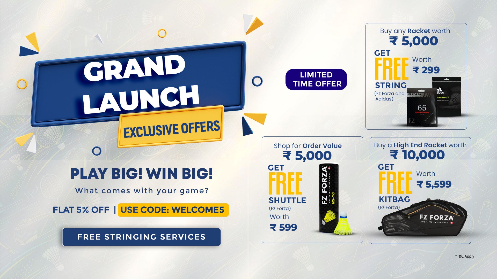 badminton store with launch offer banner all badminton gear collection - Promotional graphic for a sports equipment brand with offers and discounts.